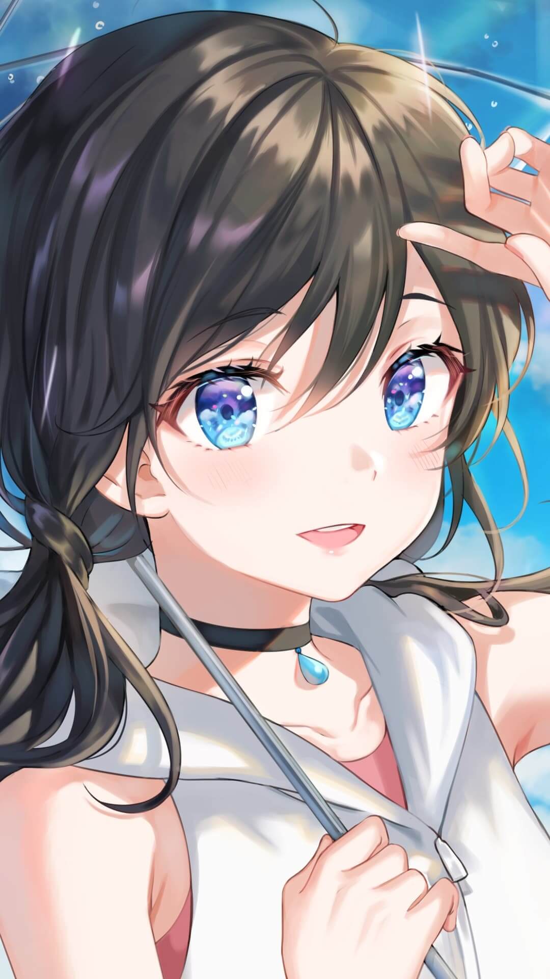 Anime girl with blue eyes under umbrella, portrait view anime wallpaper, 4K
