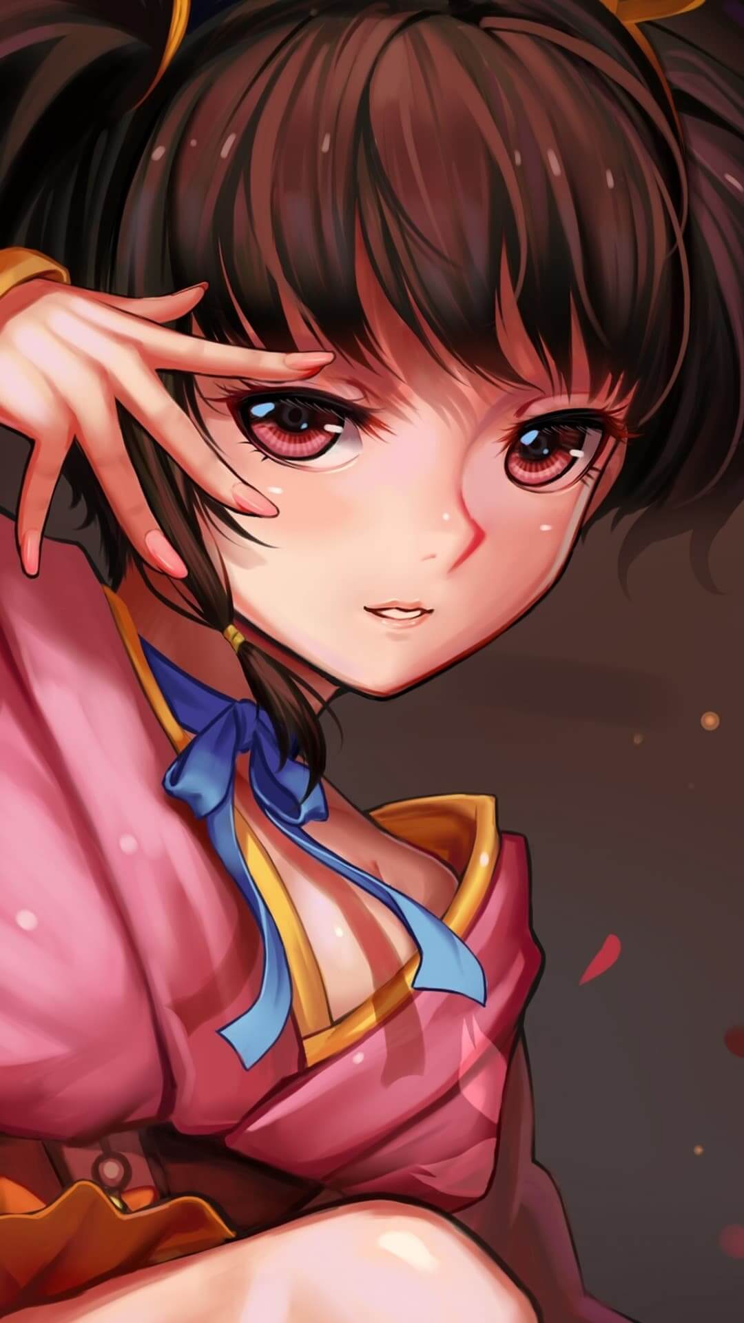 Anime girl with brown hair and pink kimono anime wallpaper, 4K