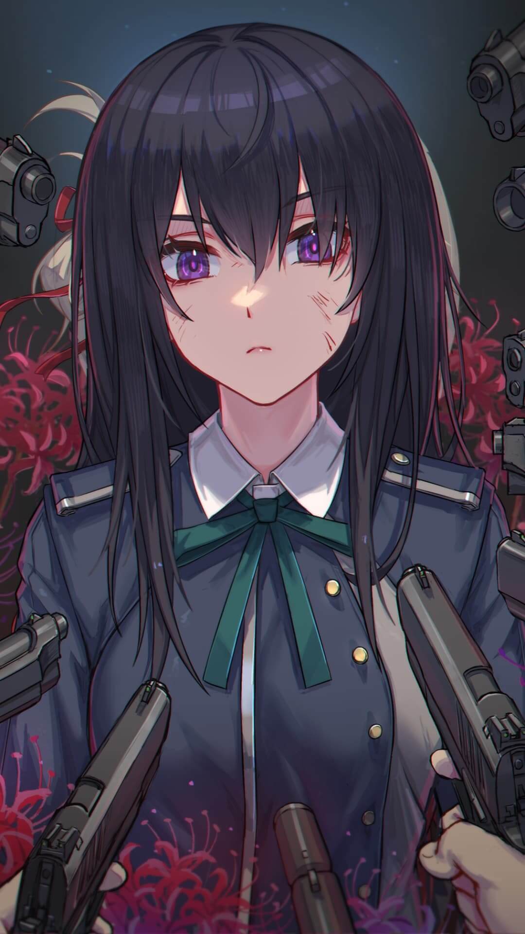 Anime girl with guns, red spider lilies, and a dark background anime wallpaper, 4K