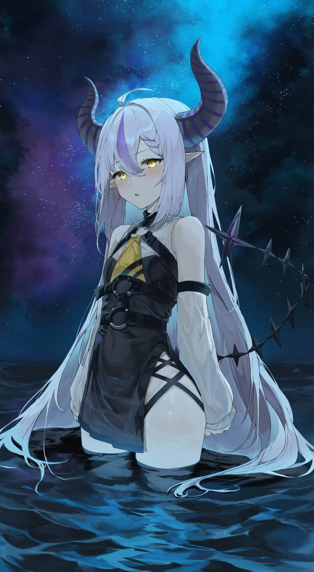 Anime girl with horns standing in water at night anime wallpaper, 4K