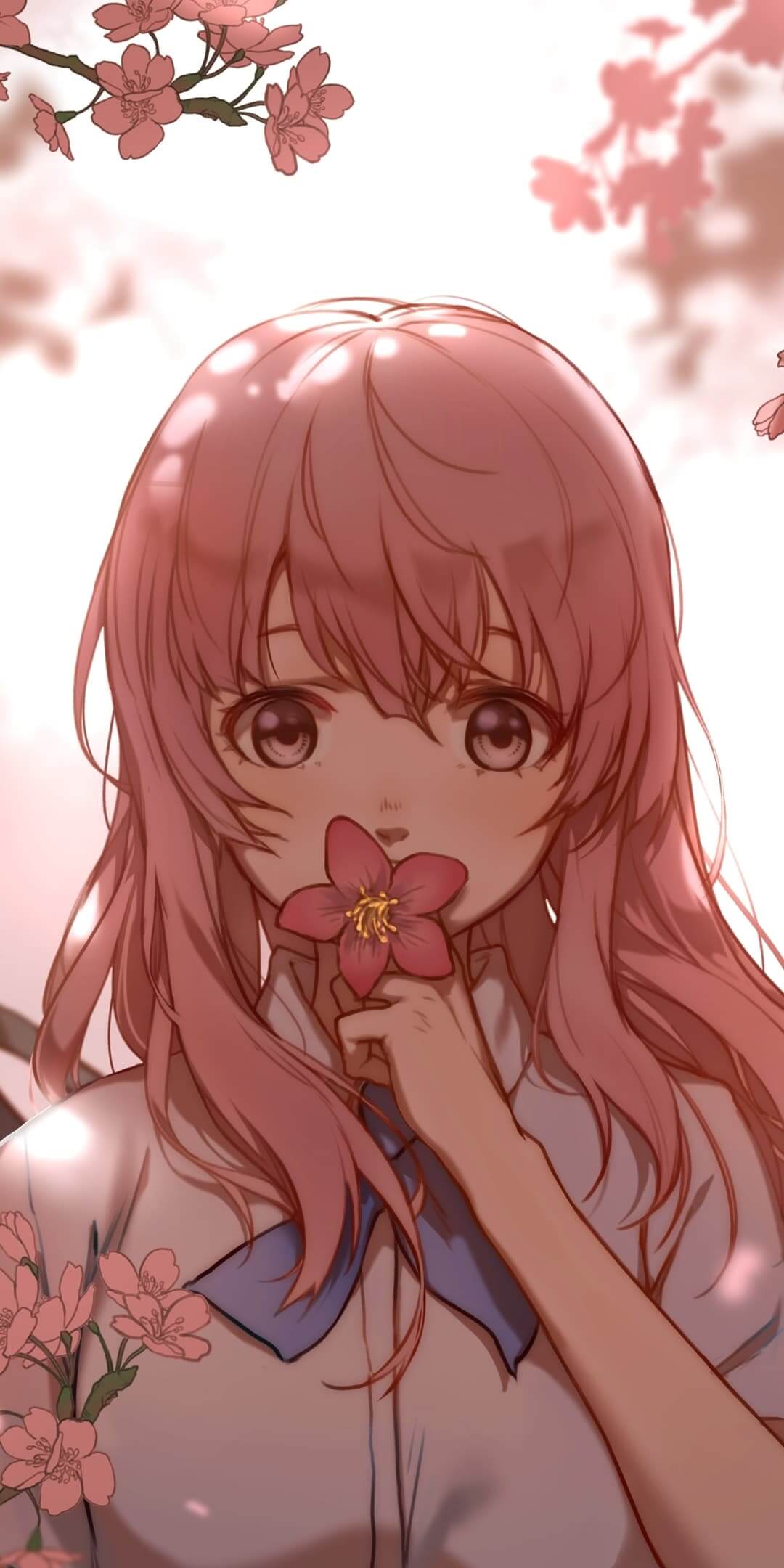 Anime girl with pink hair holding flower with blossoms in the background anime wallpaper, 4K