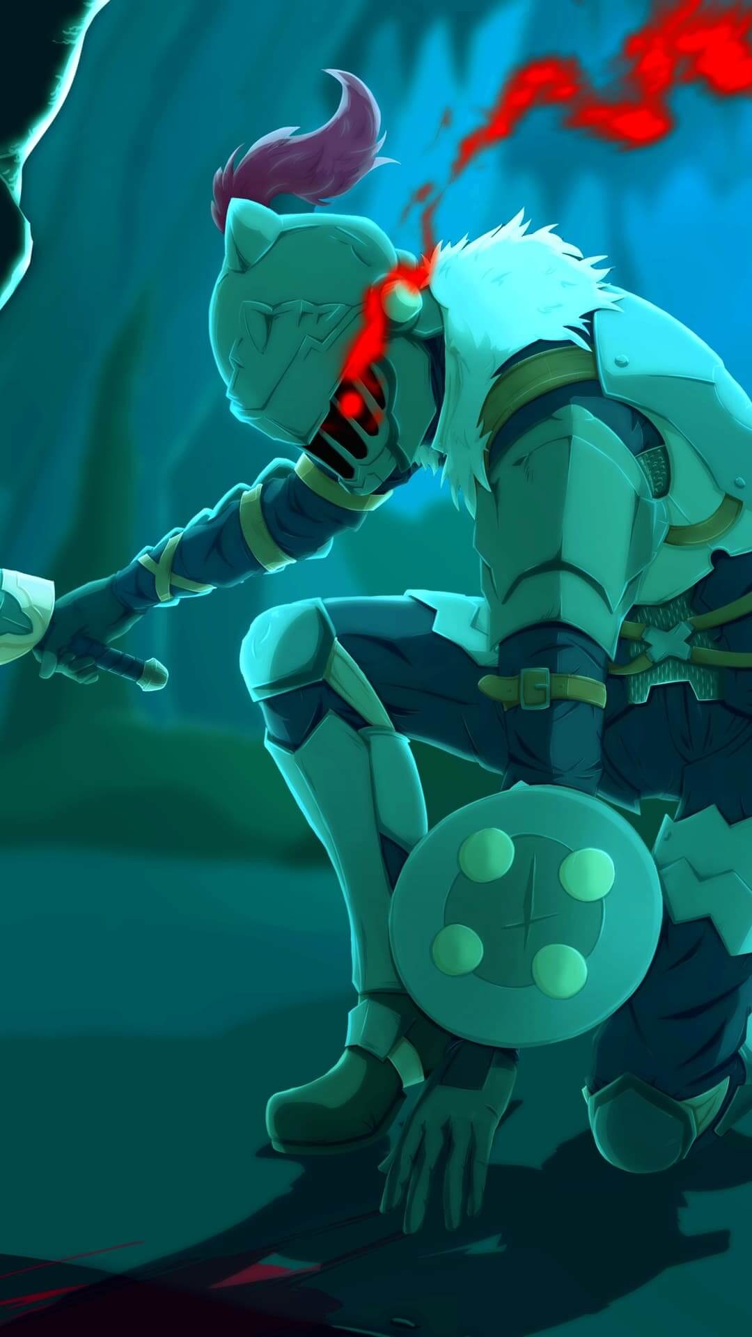 Armored warrior kneeling, eyes glowing red, ready to strike. anime wallpaper, 4K