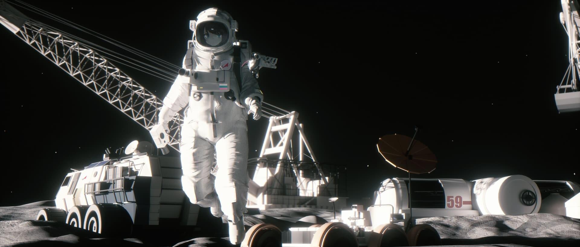 Astronaut on the moon near lunar rover and crane anime wallpaper, 4K