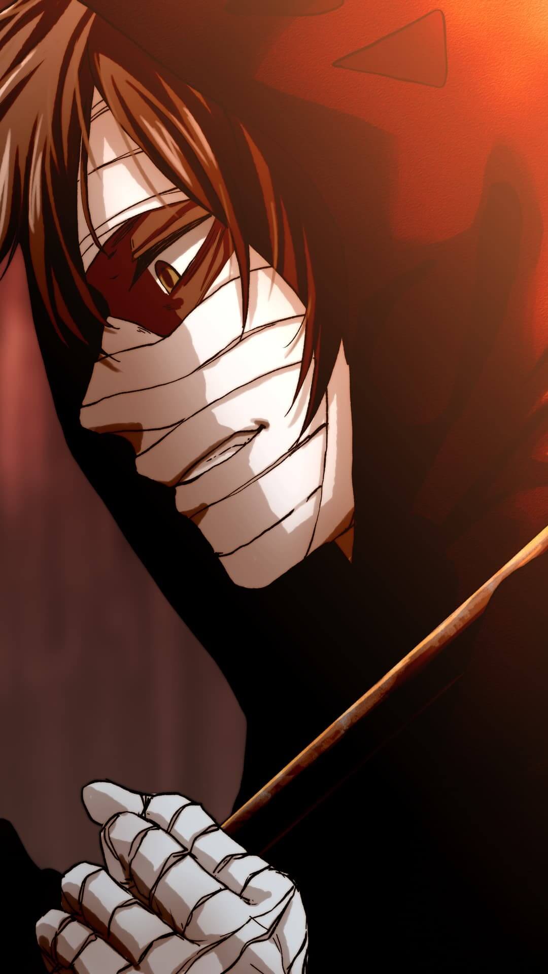 Bandaged man in a red hood, holding a stick anime wallpaper, 4K
