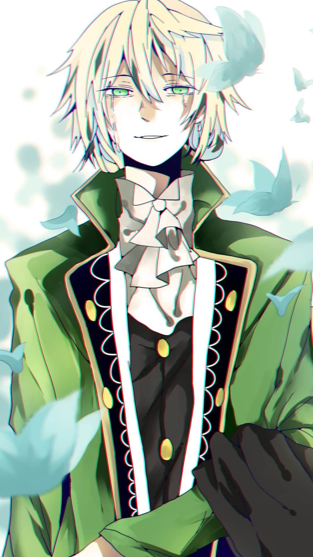 Blond boy in green coat, surrounded by butterflies anime wallpaper, 4K