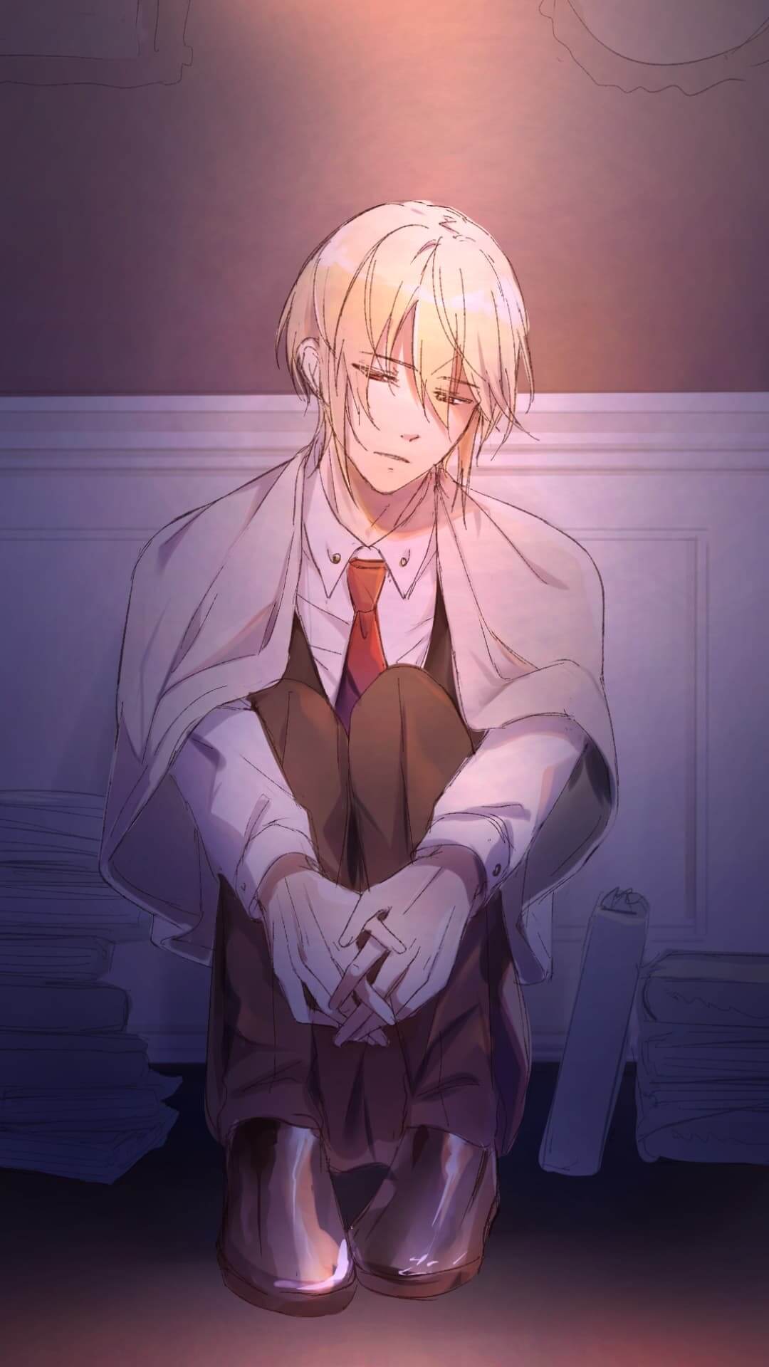 Blond-haired man sitting sadly anime wallpaper, 4K