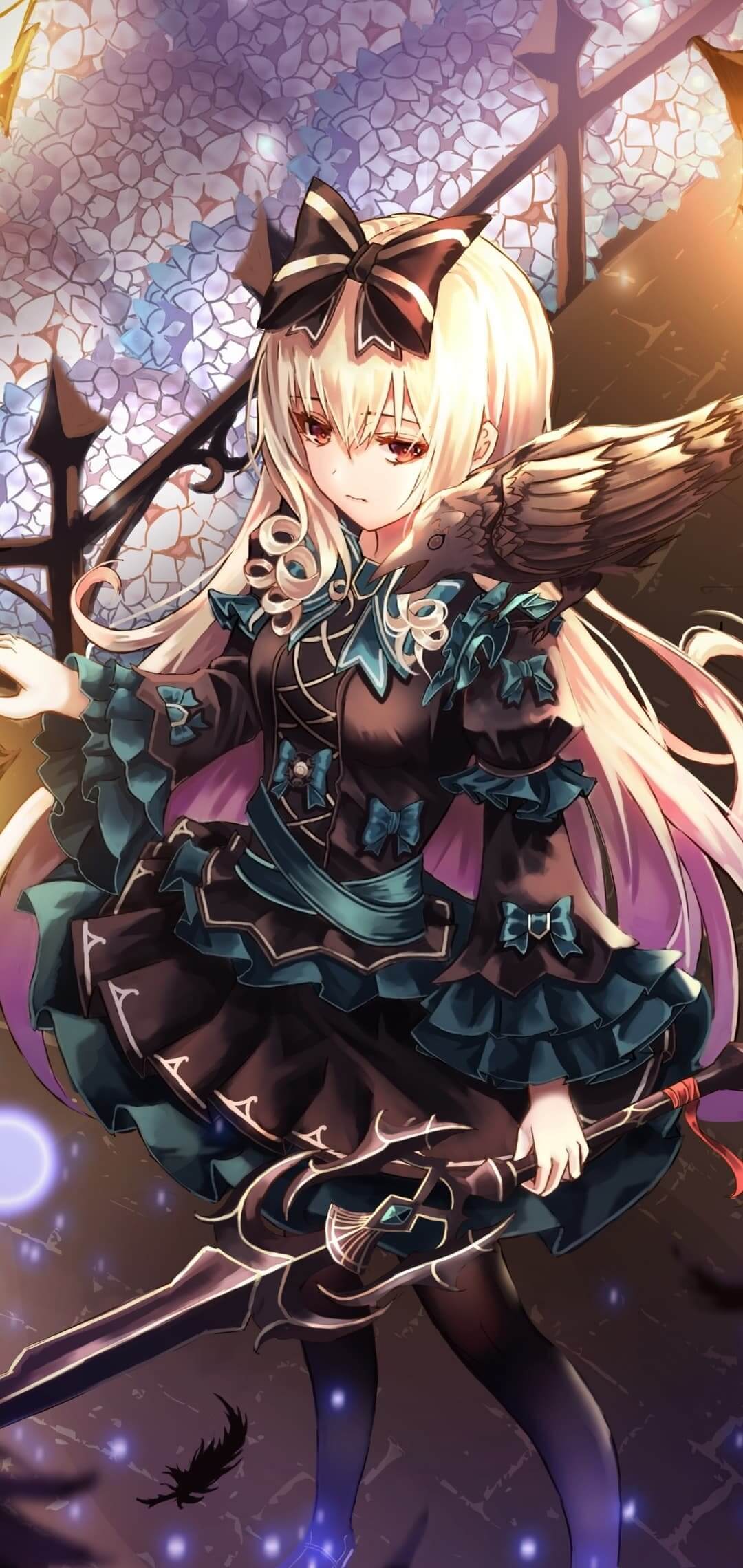 Blonde anime girl with red eyes, dark dress, raven on shoulder and decorative sword. anime wallpaper, 4K