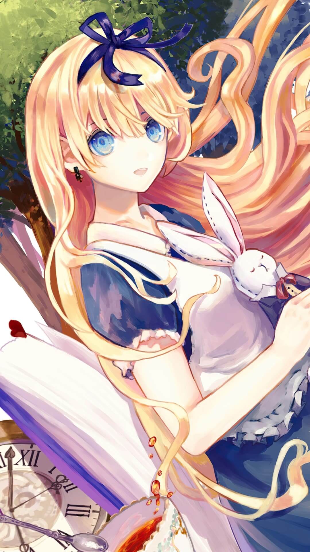 Blonde girl with blue eyes holding a bunny plushie anime wallpaper, 4K