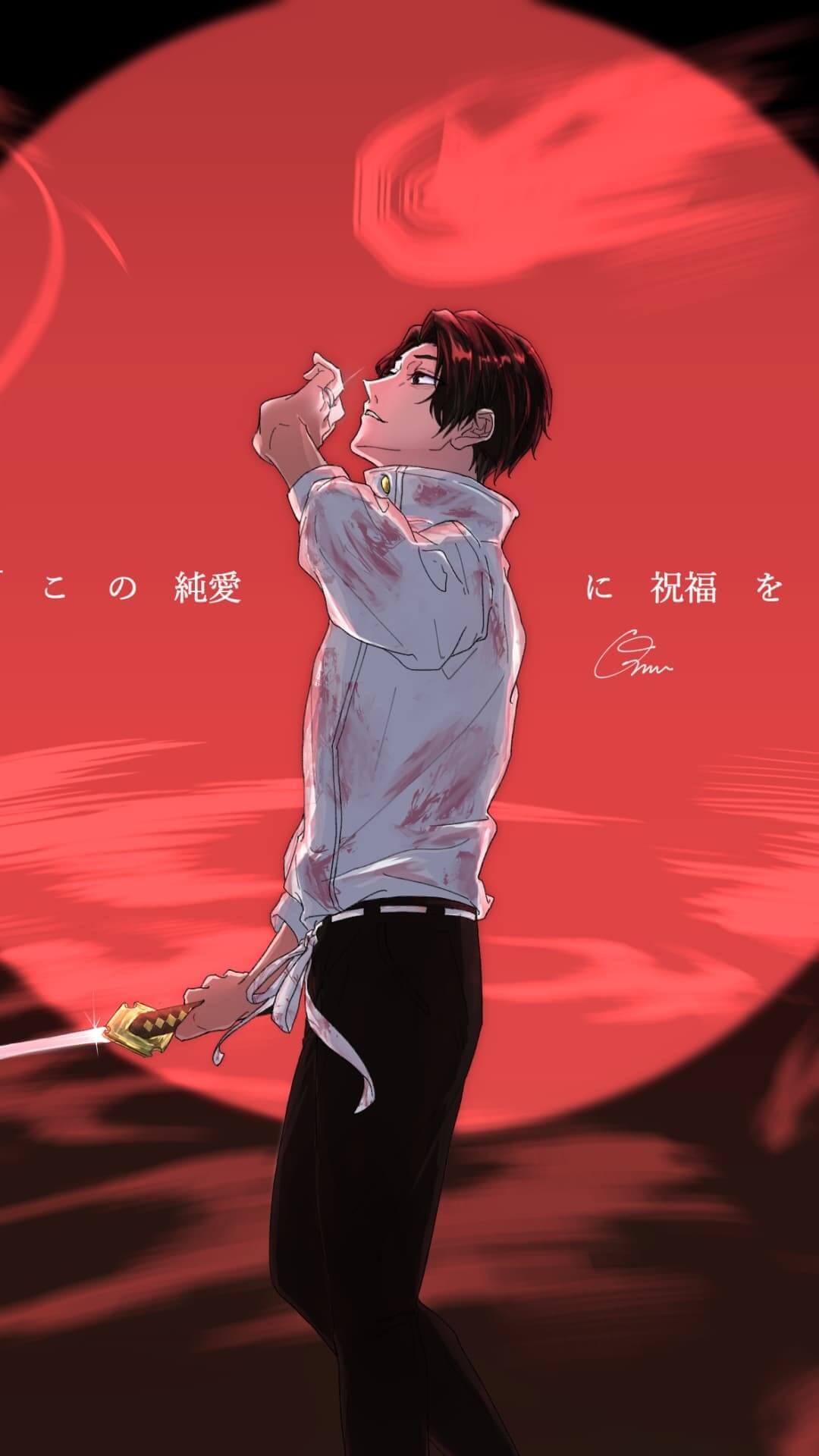Bloody figure with katana, red background anime wallpaper, 4K