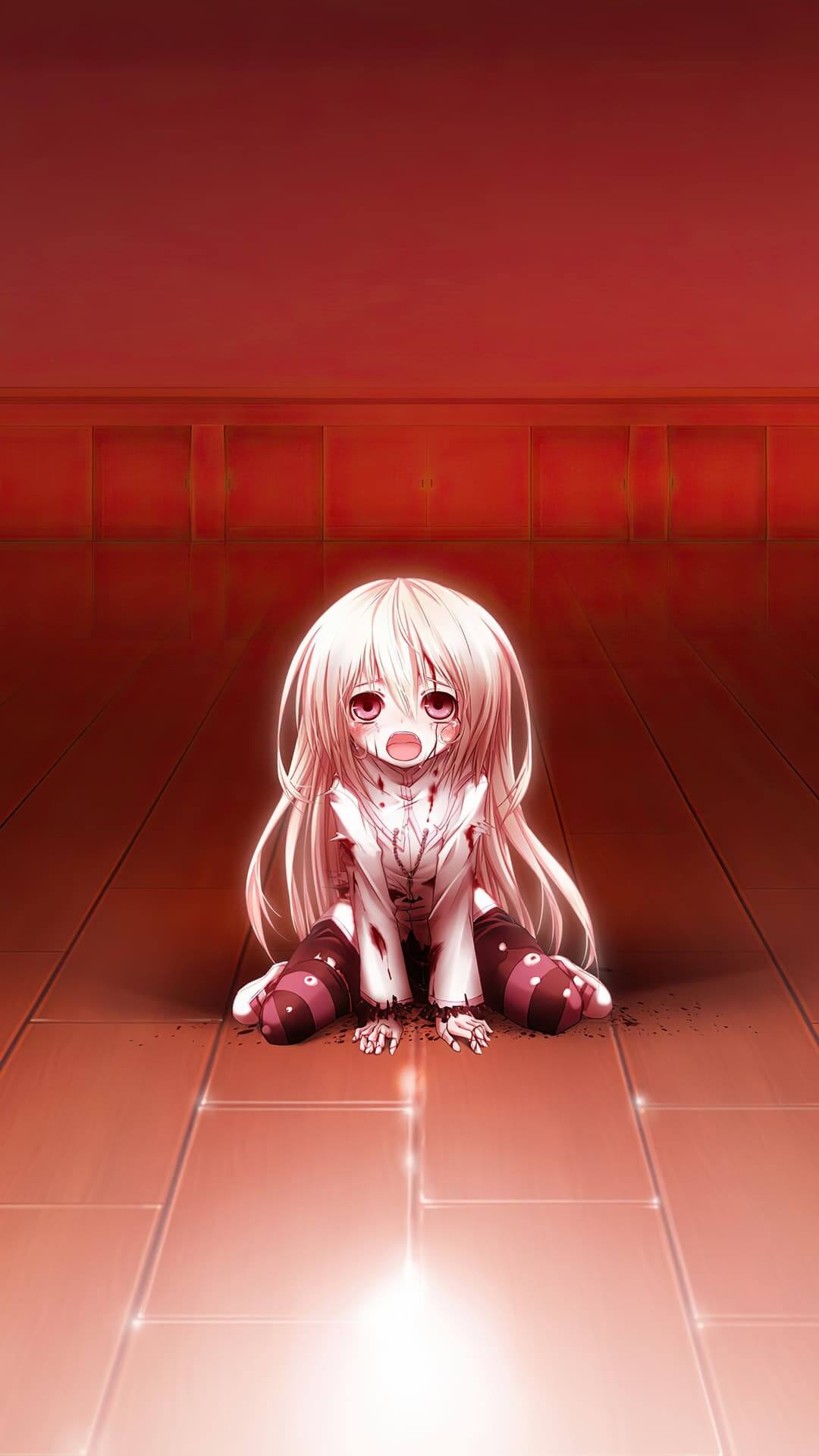 Bloody girl sitting on the floor anime wallpaper, 4K