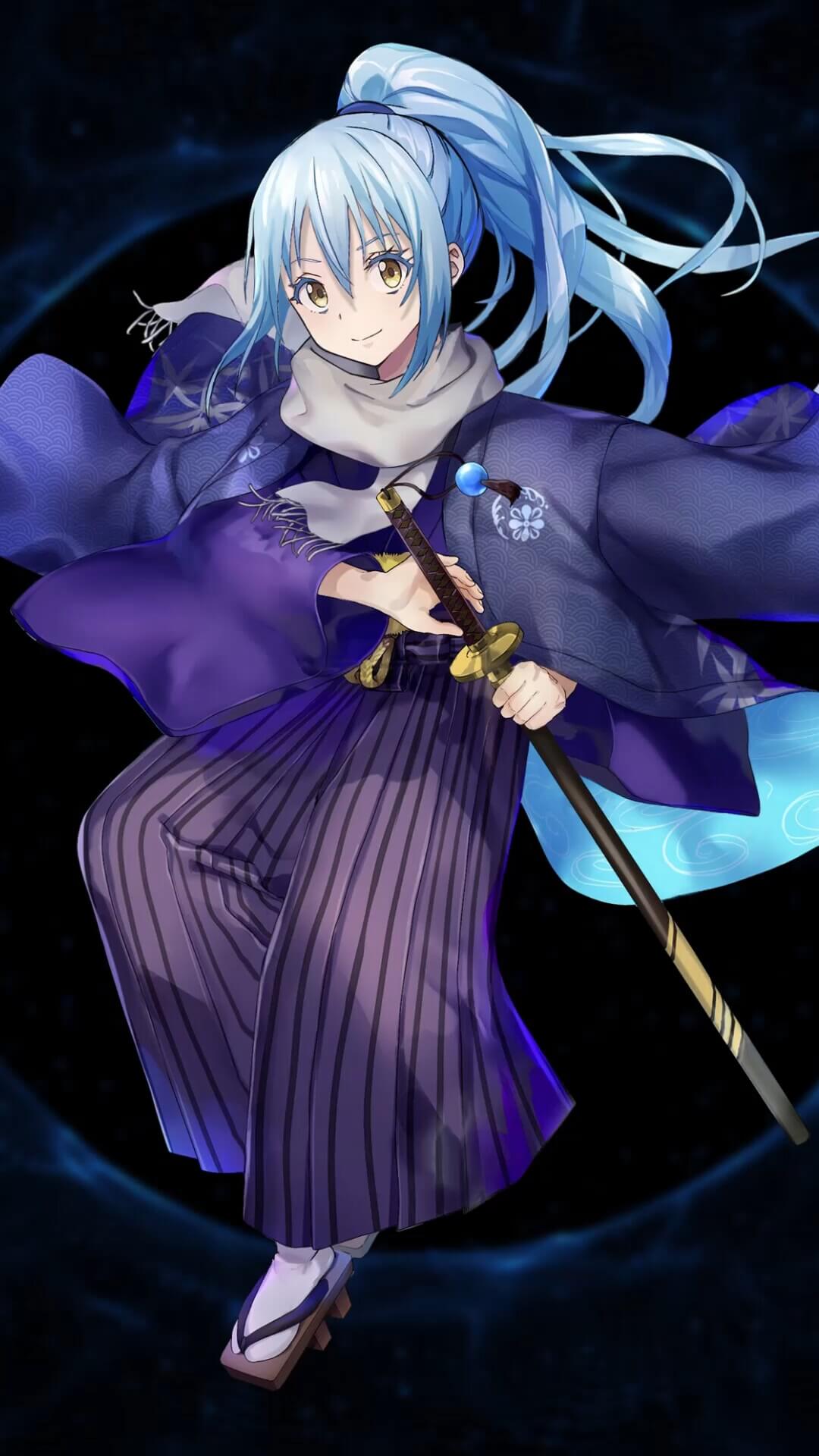 Blue haired character in traditional japanese samurai clothing with katana anime wallpaper, 4K