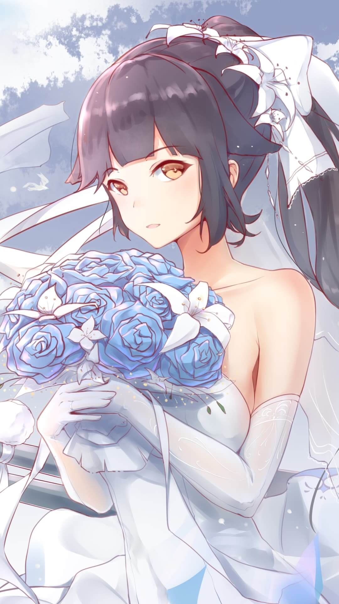 Bride in white dress holding blue roses anime wallpaper, 4K