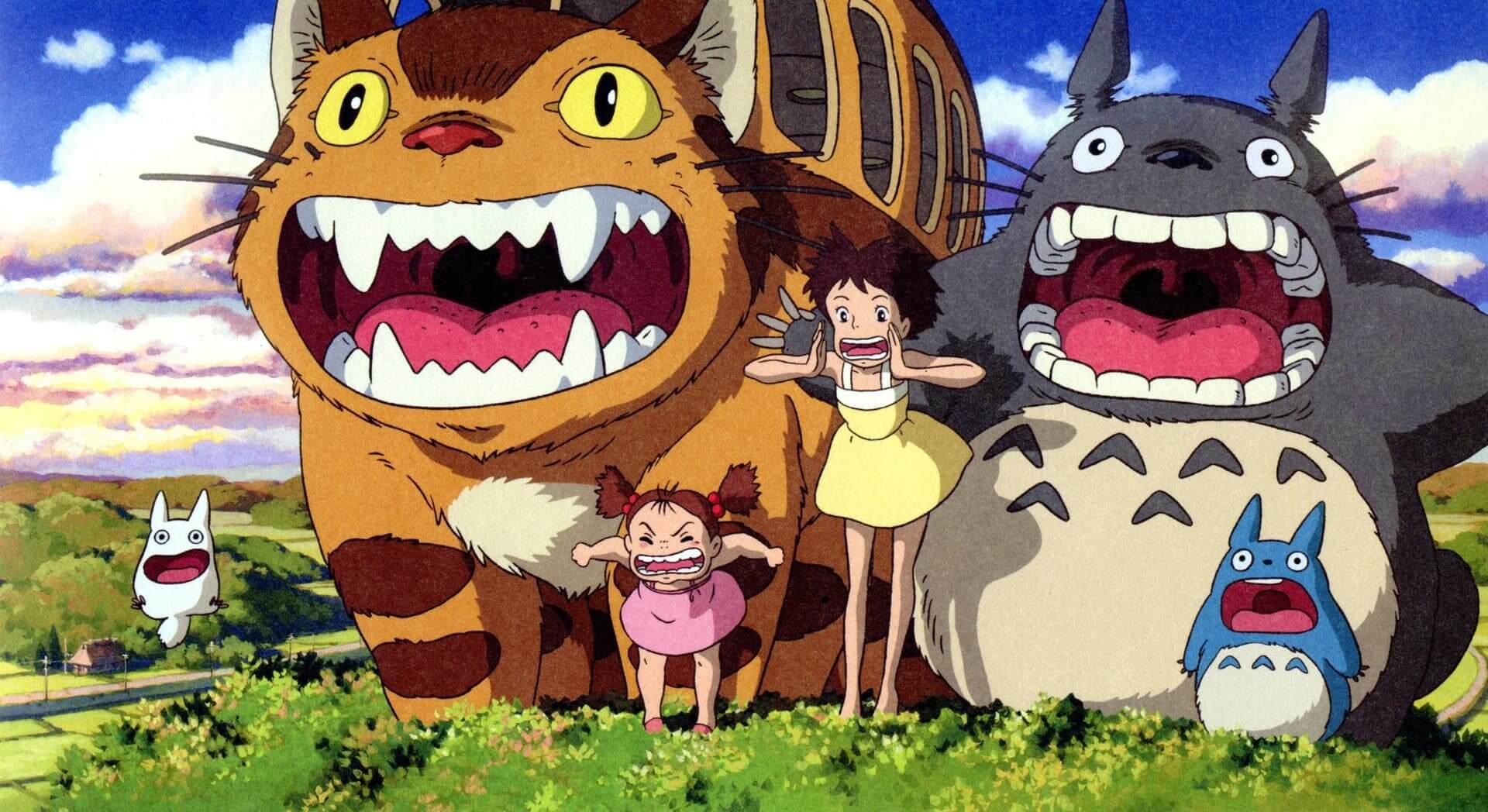 Cartoon characters and two girls with open mouths in nature anime wallpaper, 4K