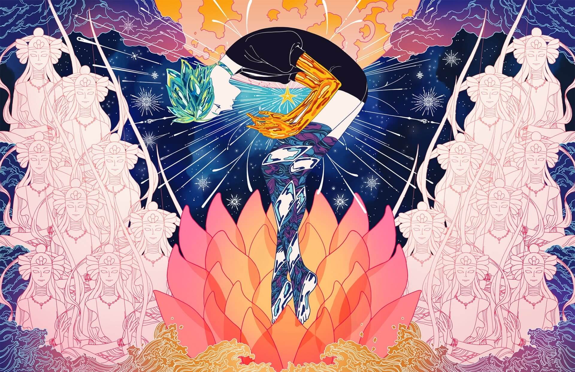 Celestial being in lotus flower, surrounded by archers anime wallpaper, 4K