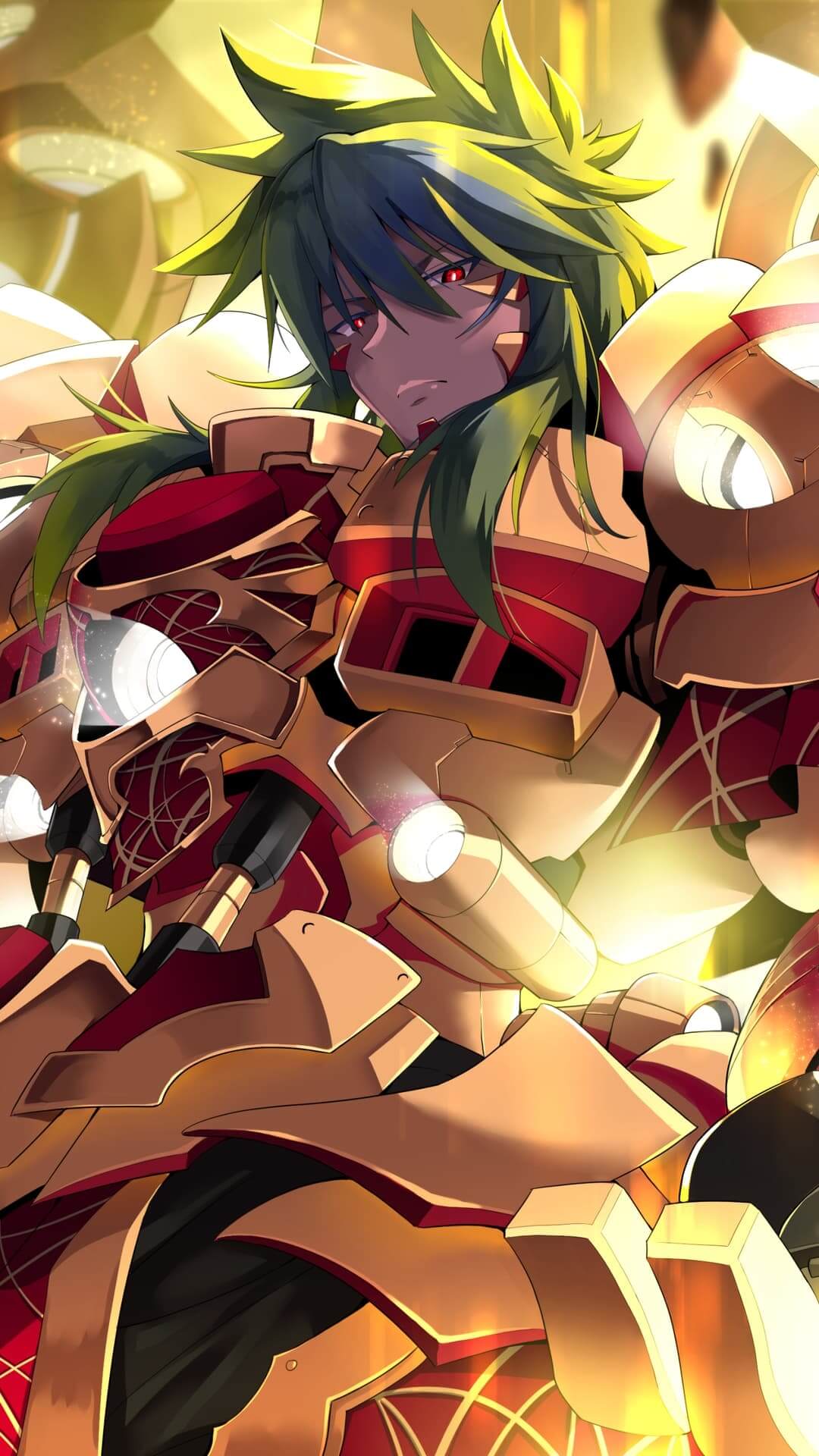 Character wearing golden and red futuristic armor, serious expression anime wallpaper, 4K