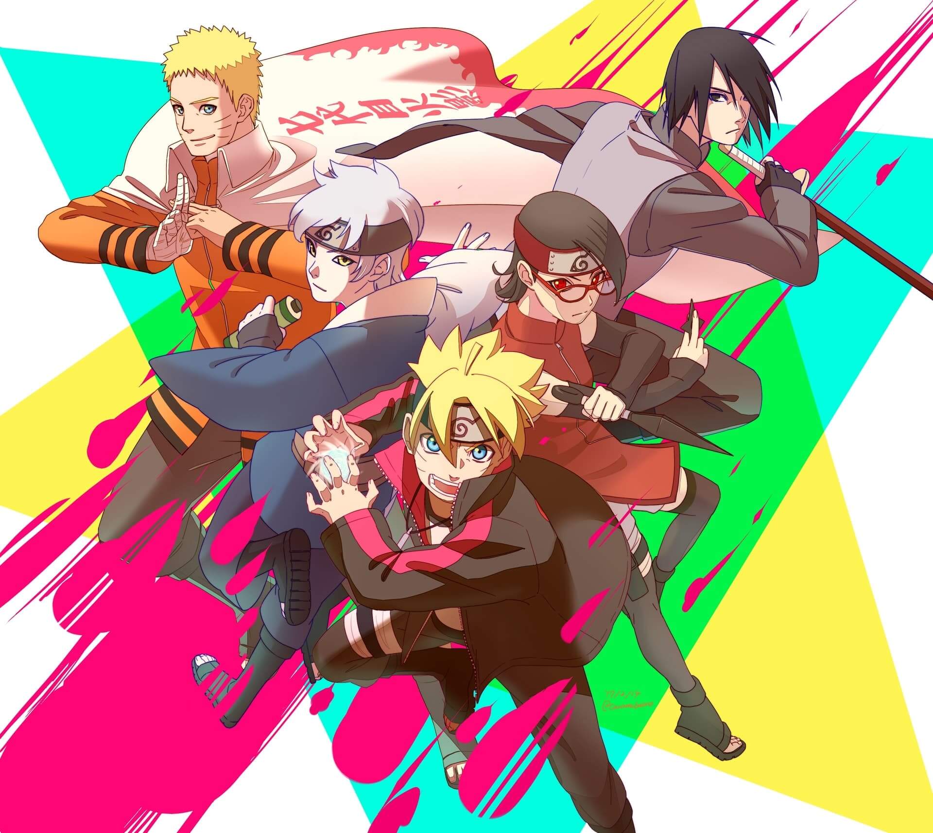 Characters from the Boruto series, standing dynamically with a bright geometric background anime wallpaper, 4K