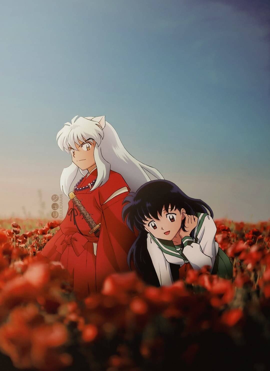 Characters sitting in field of red flowers anime wallpaper, 4K