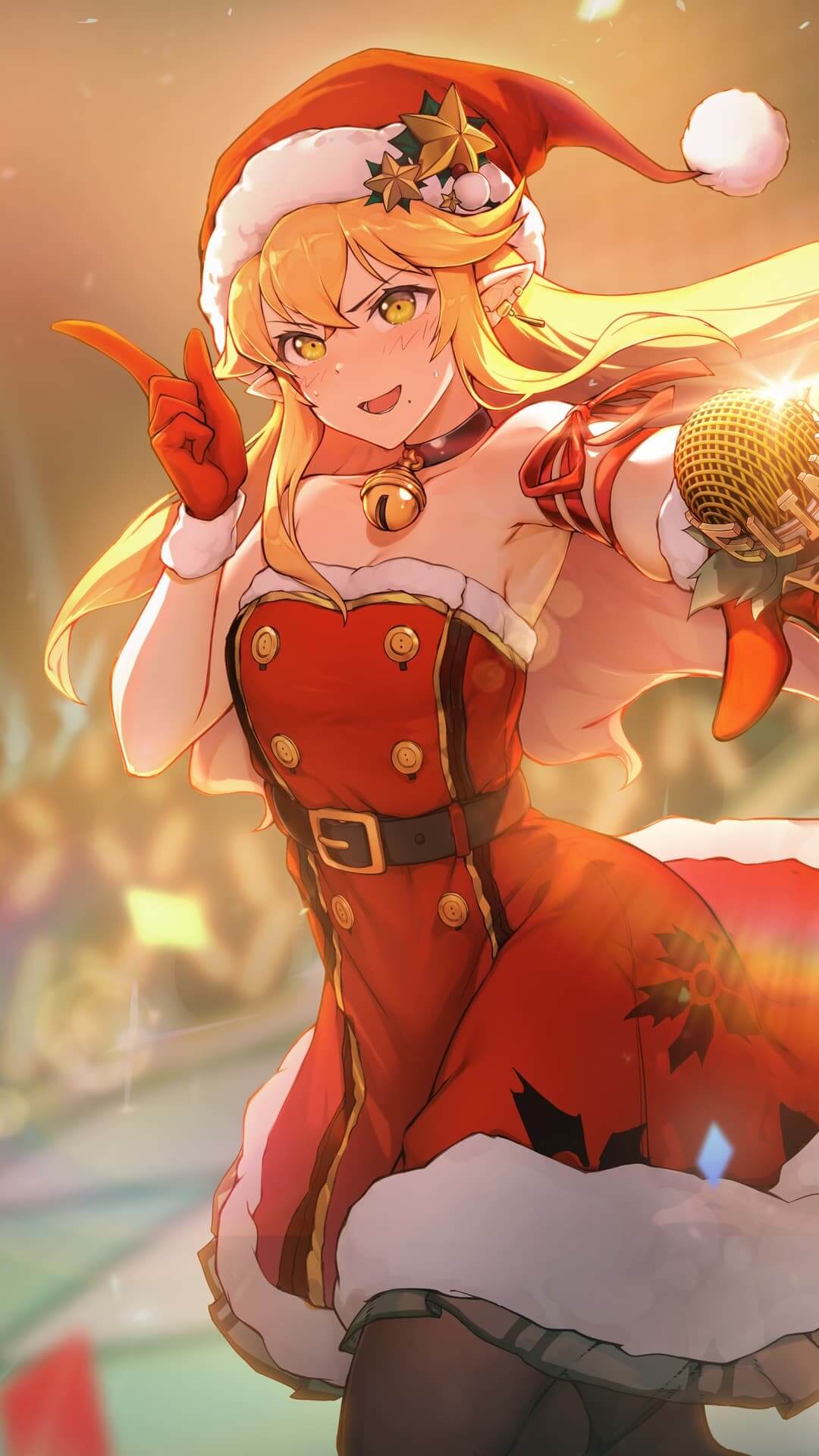 Christmas girl singing with microphone anime wallpaper, 4K