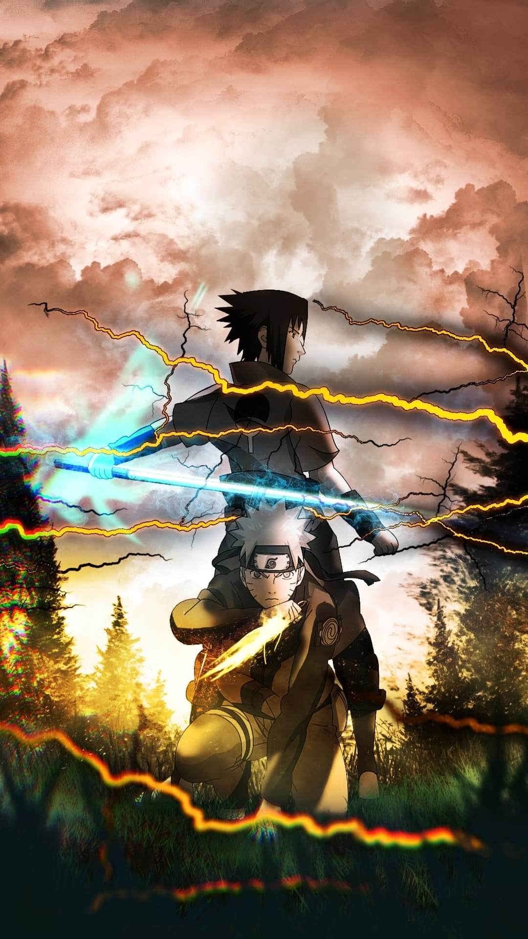 Clash of powerful ninjas, electric attacks, dramatic sky anime wallpaper, 4K