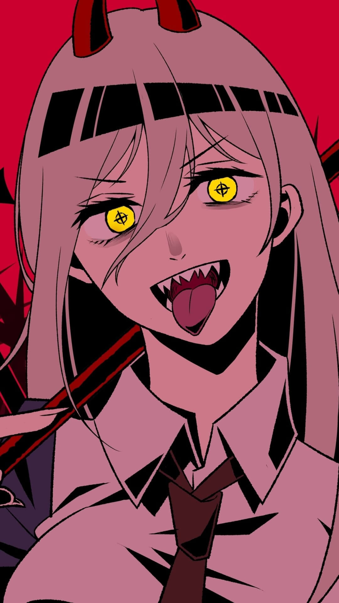 Close-up illustration of Power from Chainsaw Man making a menacing face anime wallpaper, 4K