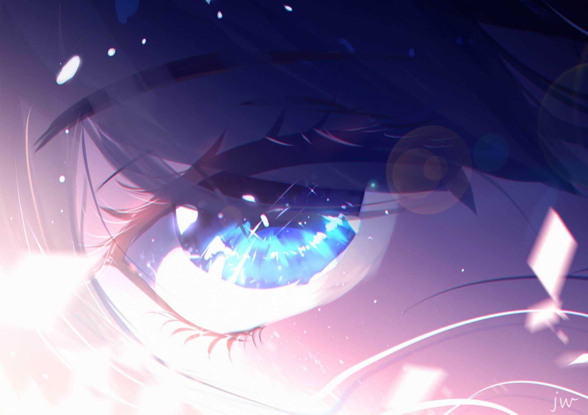 Close-up of a girl's eye, bright blue iris, glowing effect anime wallpaper, 4K