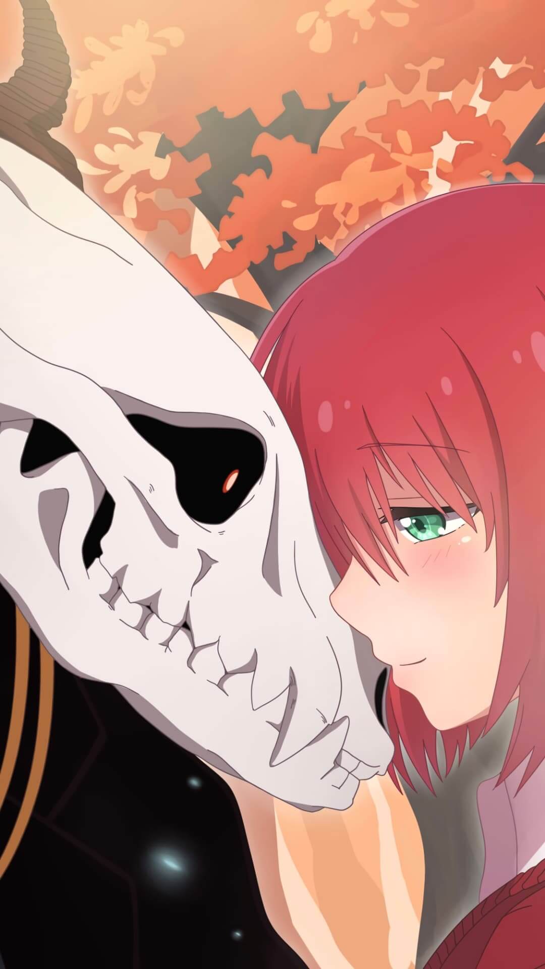 Close-up of a skull-faced character and a girl anime wallpaper, 4K