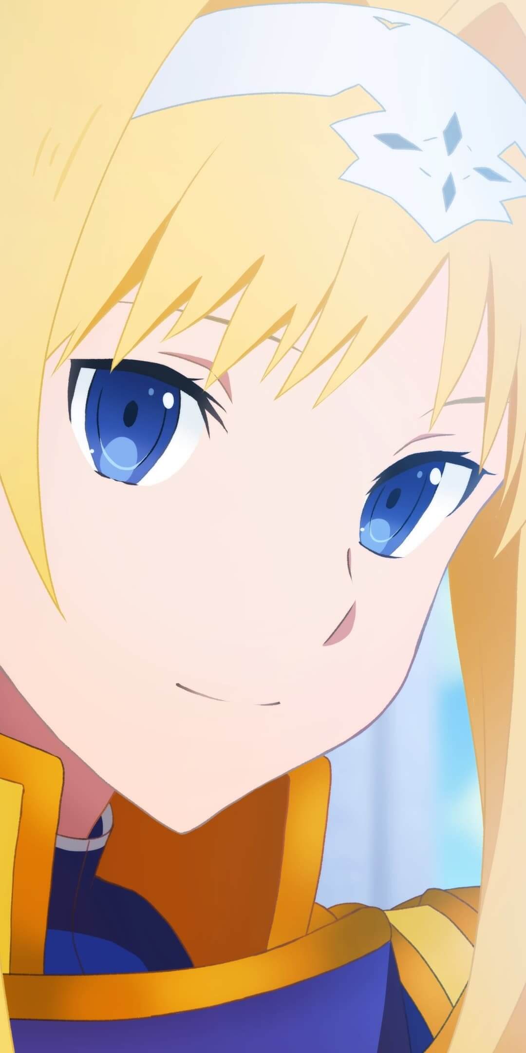 Close-up of a smiling girl with blond hair and blue eyes anime wallpaper, 4K