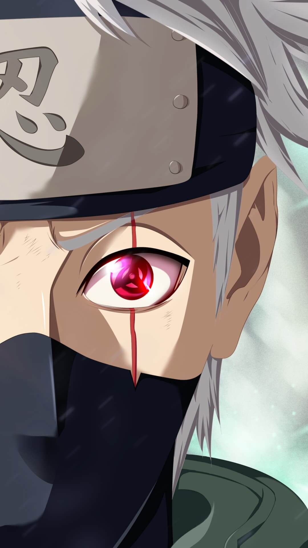 Close-up of Kakashi with Sharingan activated, revealing crimson red and tomoe pattern anime wallpaper, 4K