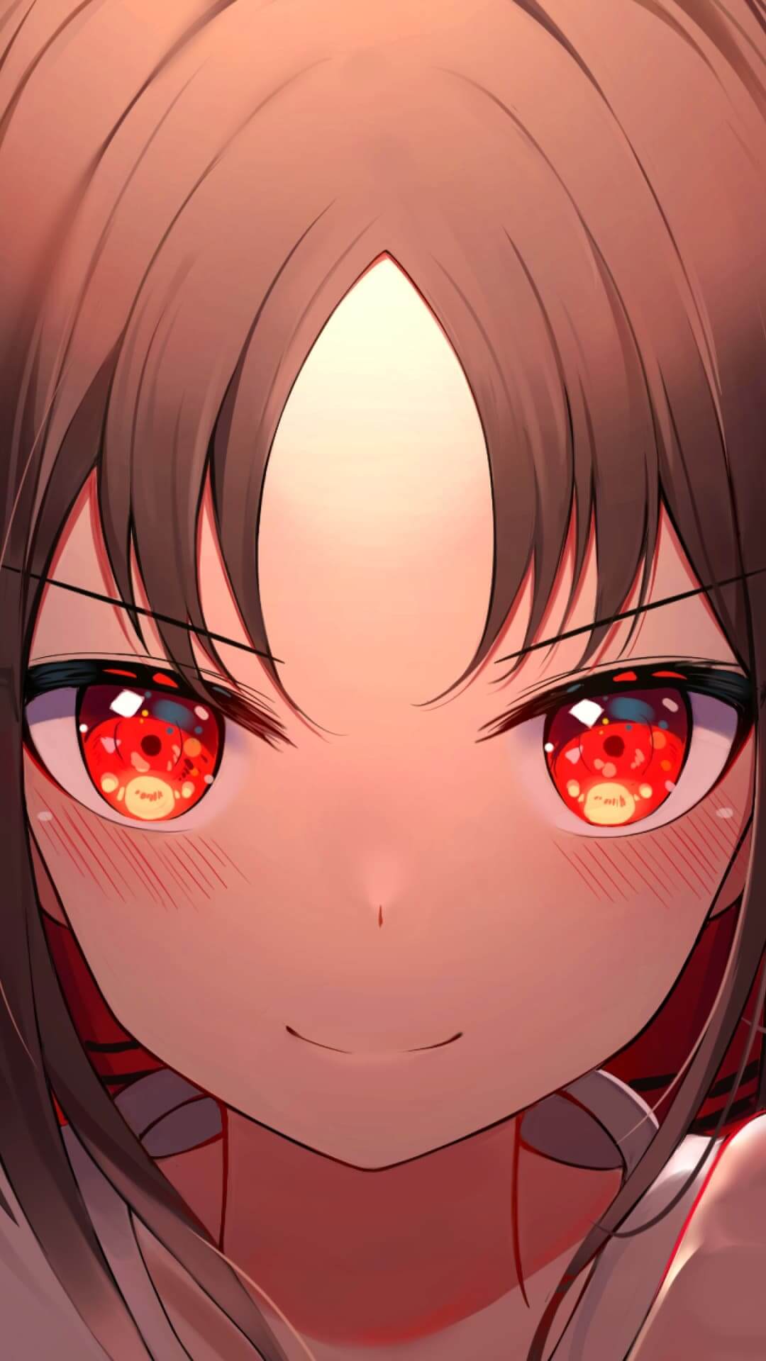 Close-up portrait features big red eyes, shiny hair, and a slight smile anime wallpaper, 4K