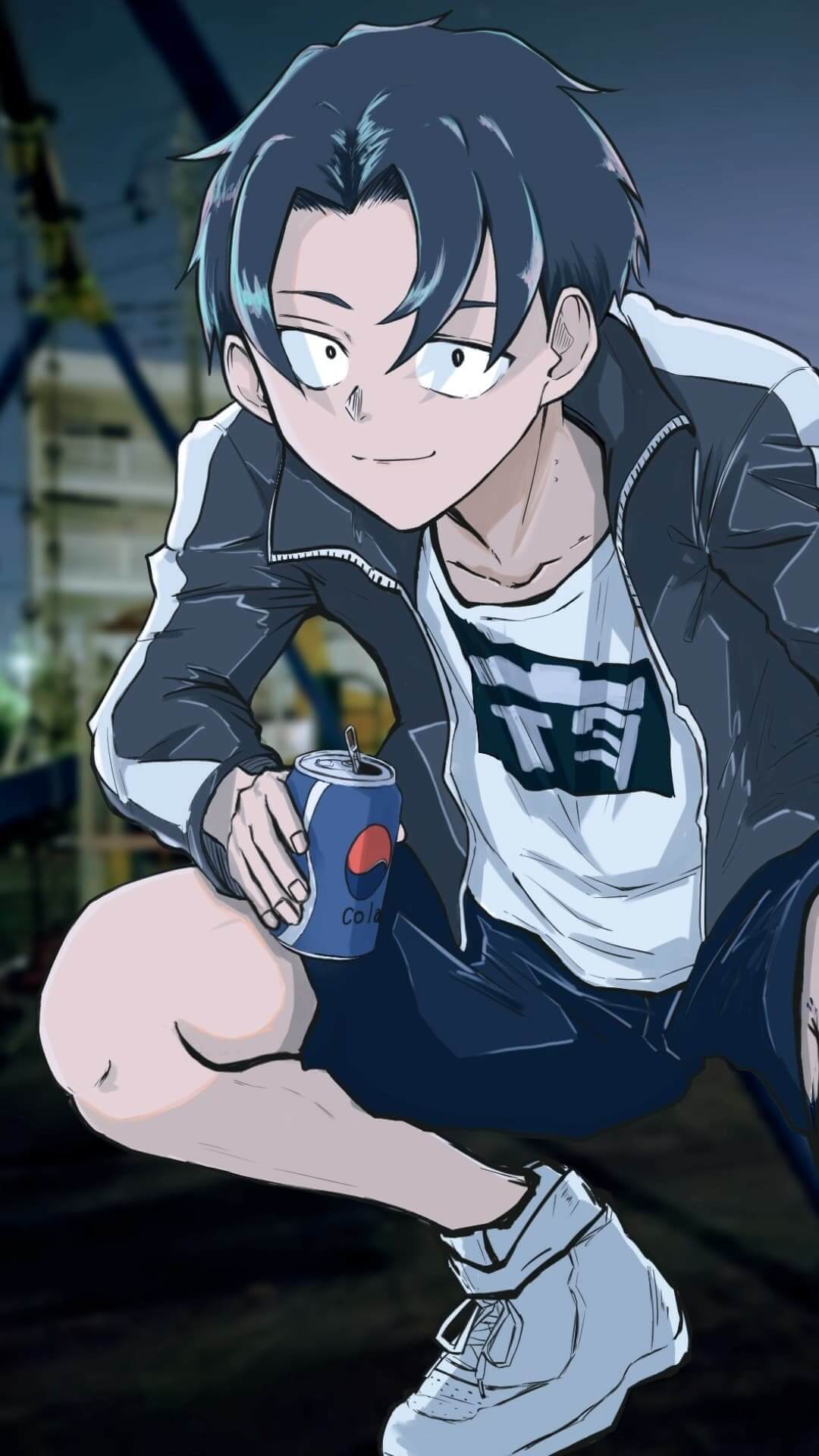Crouching boy with a can, jacket, shorts, and shoes anime wallpaper, 4K