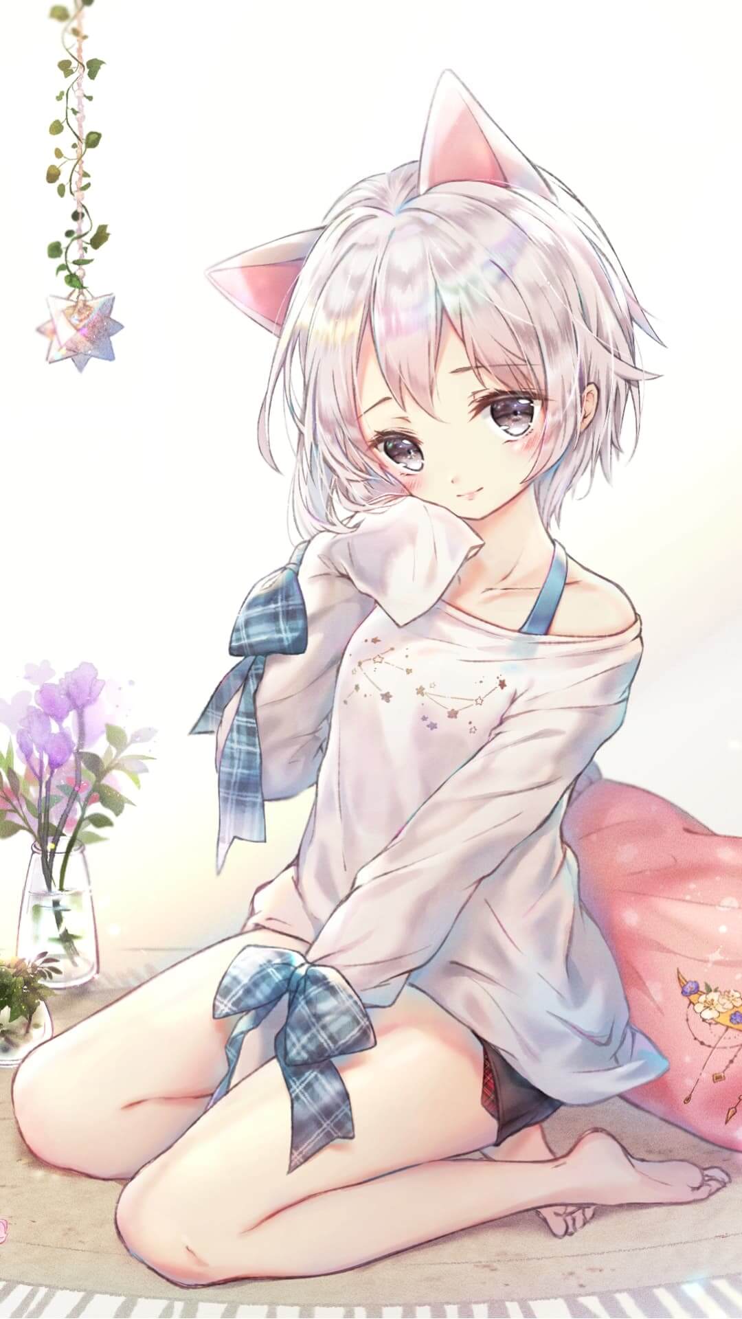Cute cat girl in a comfy outfit anime wallpaper, 4K