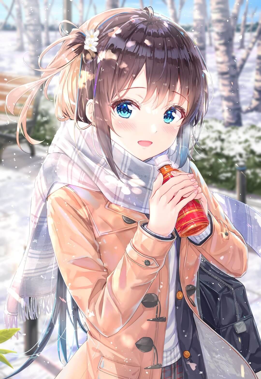 Cute girl drinking warm beverage in snowy weather anime wallpaper, 4K