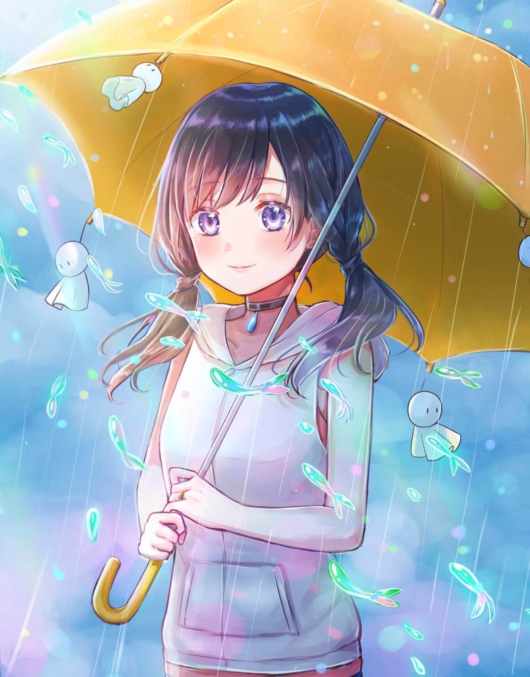 Cute girl under umbrella in rain with paper charms. anime wallpaper, 4K