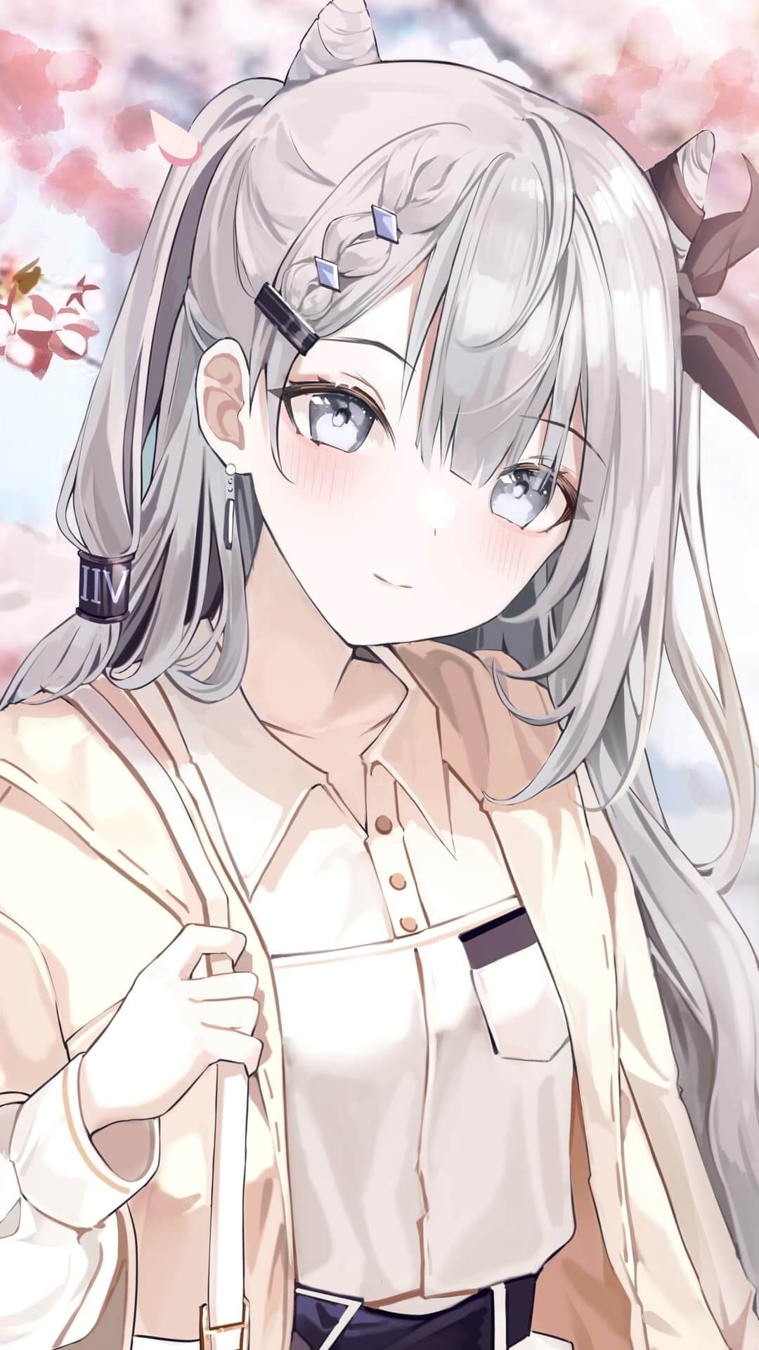 Cute girl with grey hair and horns anime wallpaper, 4K