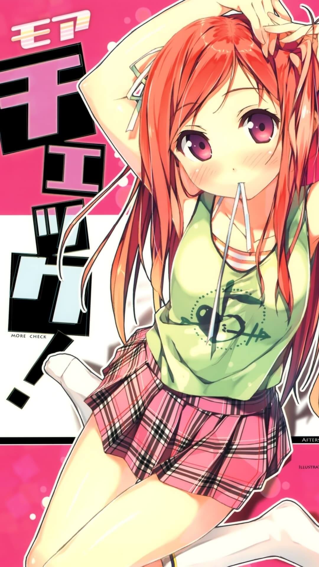 Cute girl with red hair and plaid skirt anime wallpaper, 4K