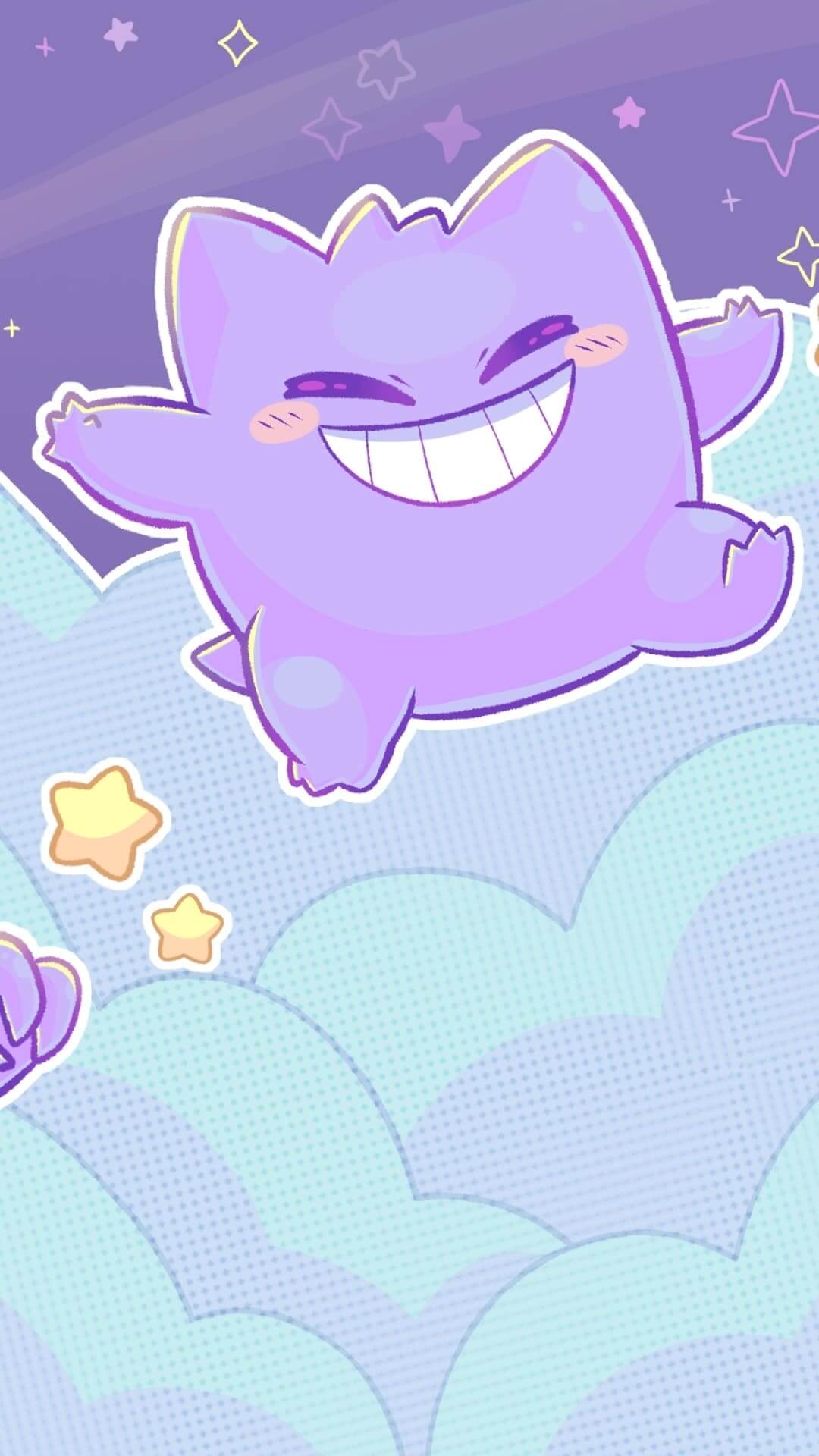 Cute purple creature smiling above clouds, stars surrounding anime wallpaper, 4K