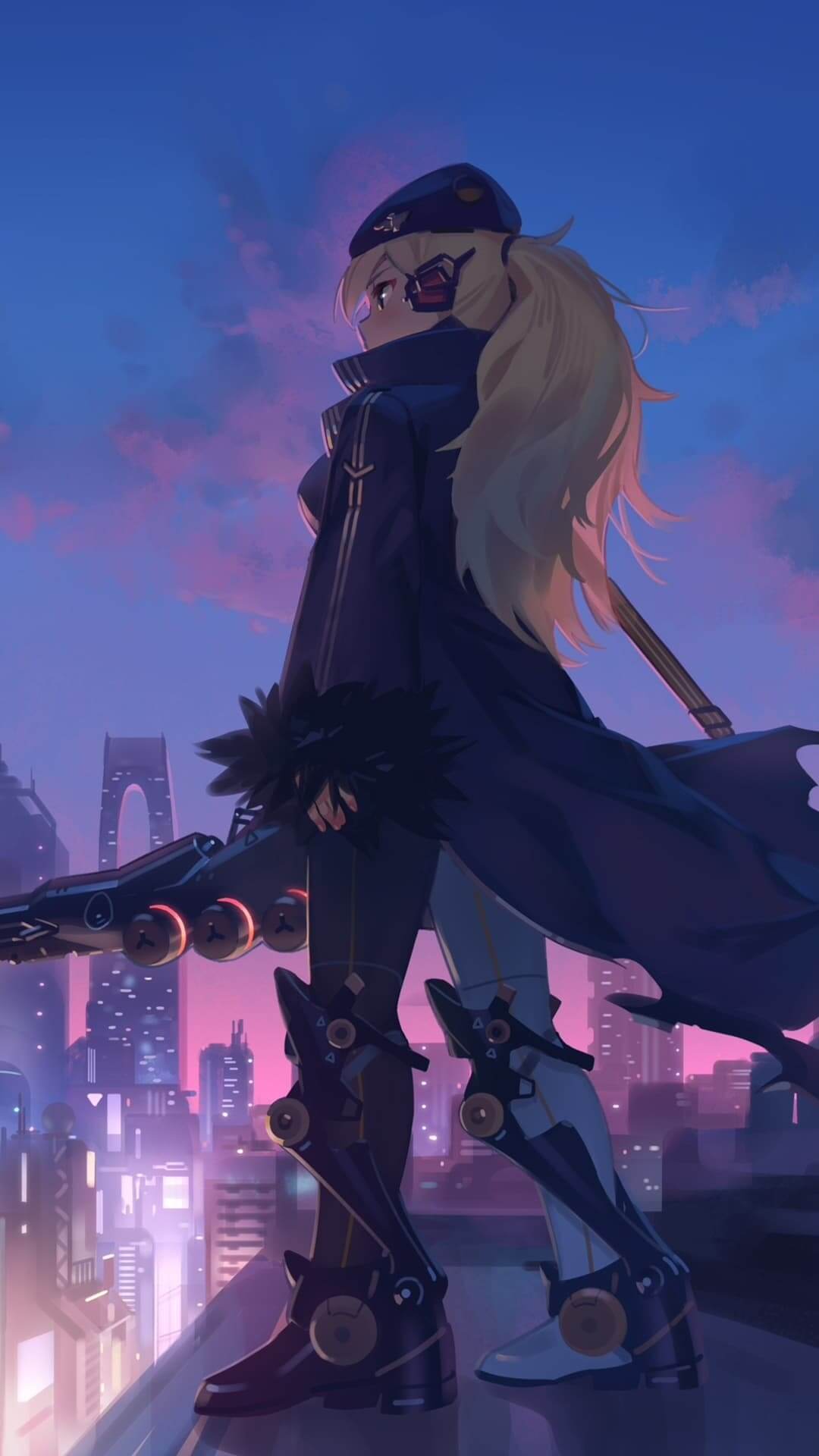 Cyberpunk girl with gun standing on rooftop anime wallpaper, 4K