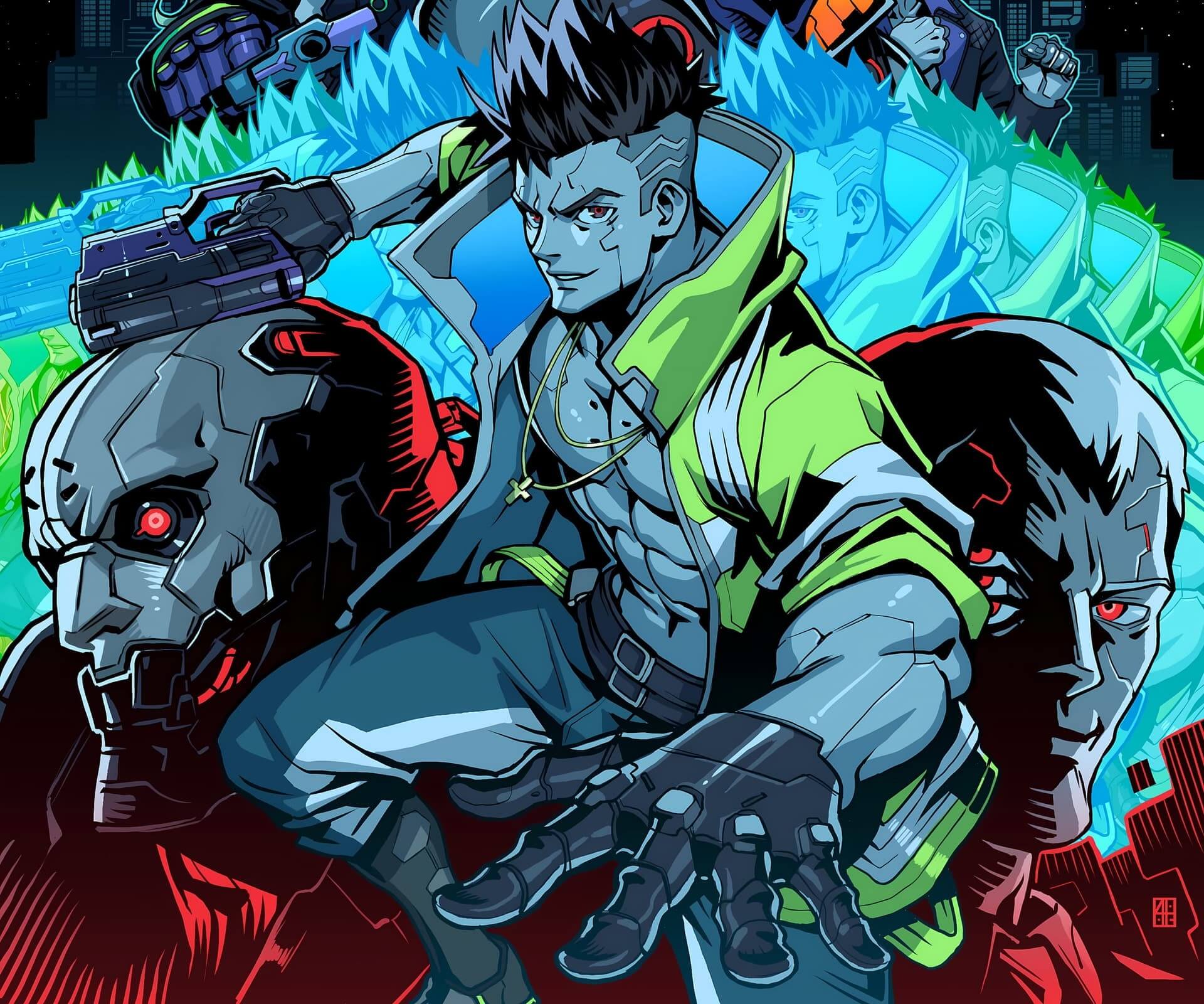 Cyberpunk world: grey-skinned character posing with guns and futuristic robots anime wallpaper, 4K