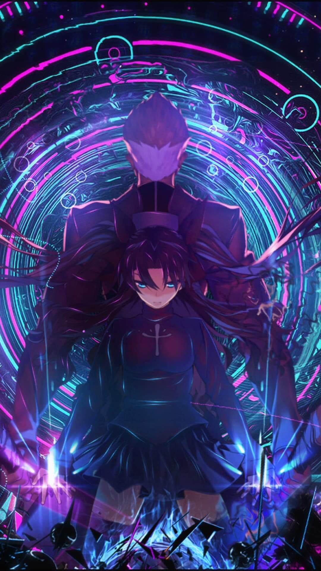 Dark-haired woman, silver-haired man, vivid hues, mysterious background evoke intensity anime wallpaper, 4K