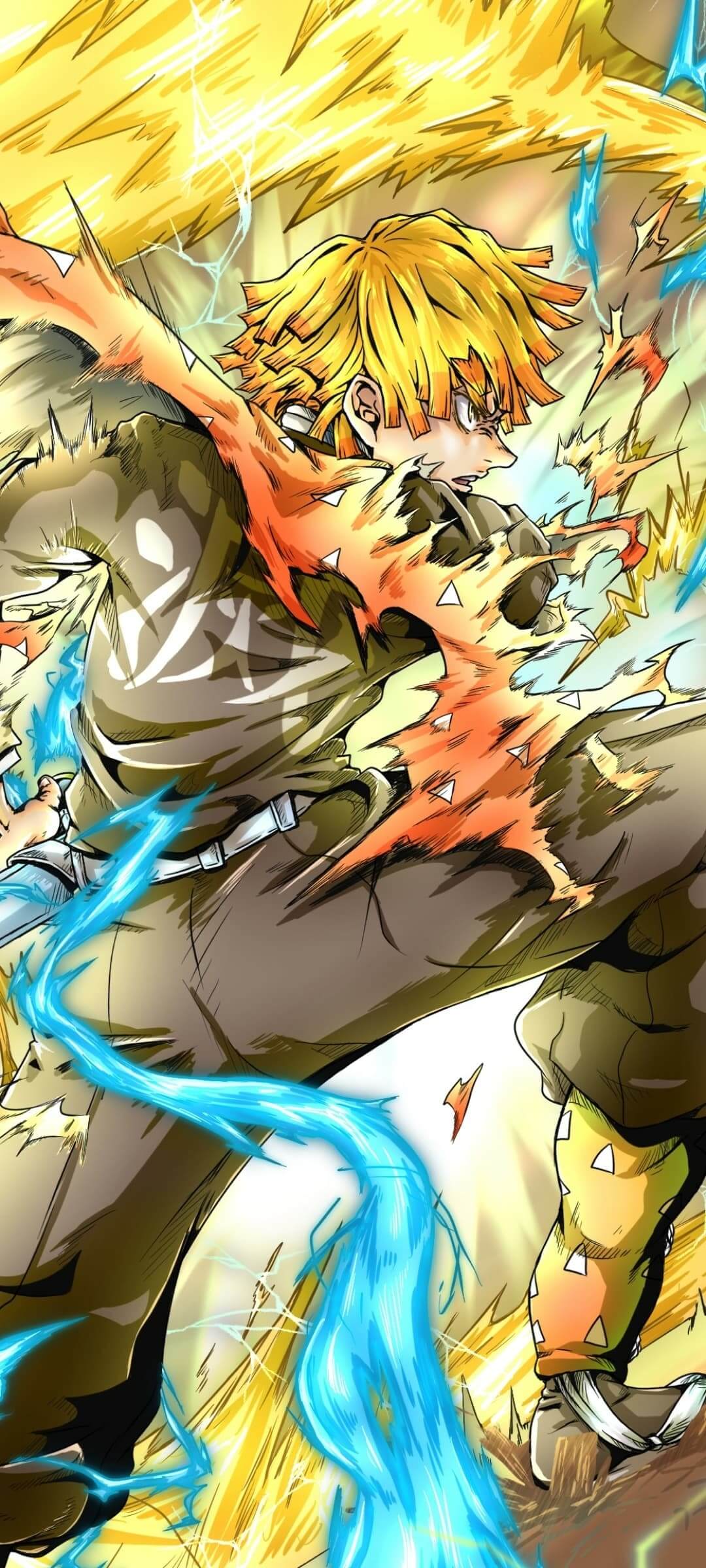 Demon Slayer's Zenitsu Agatsuma in dynamic, elemental action anime wallpaper, 4K