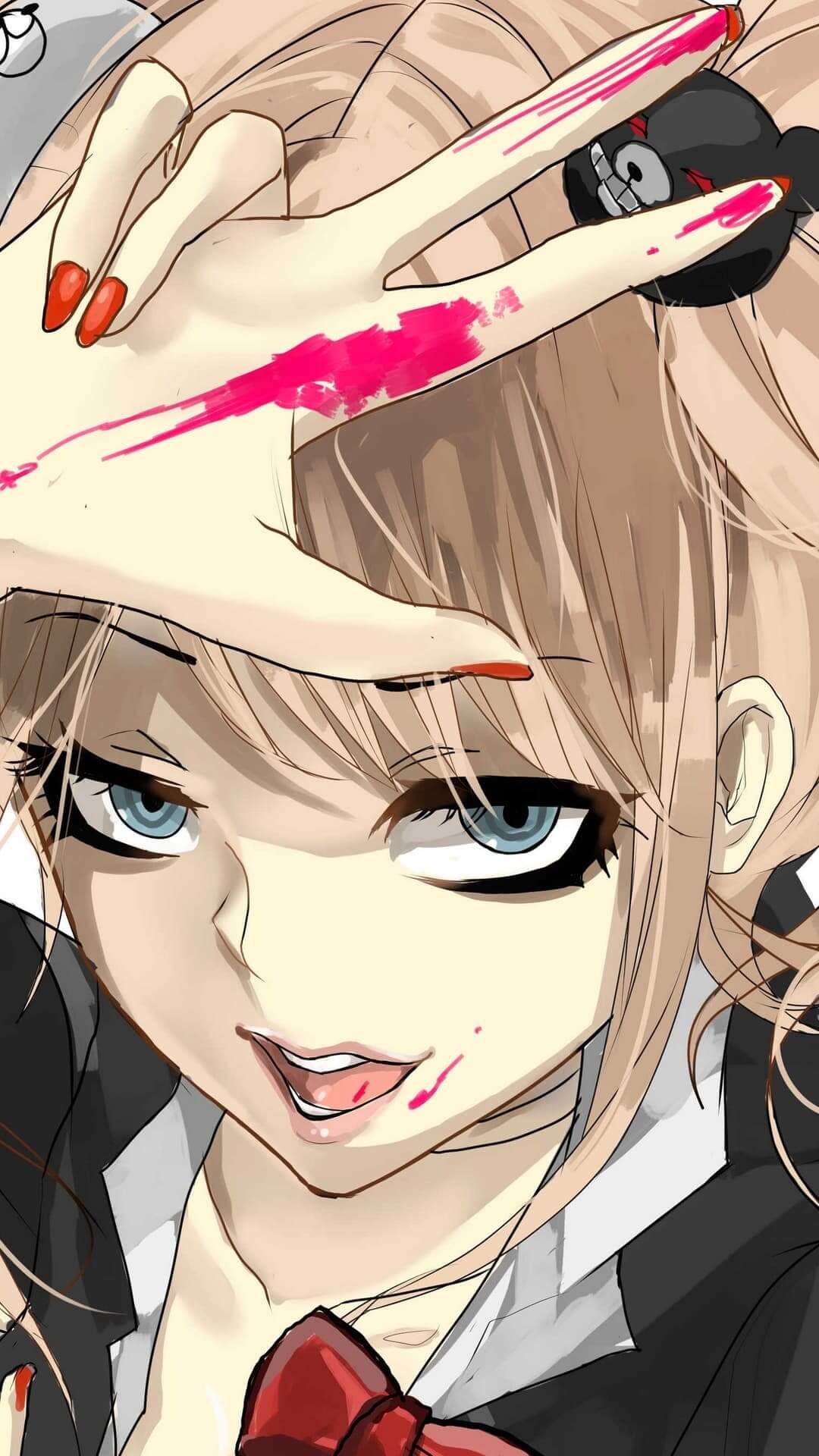 Despairful anime girl with pink paint, manicured fingernails anime wallpaper, 4K