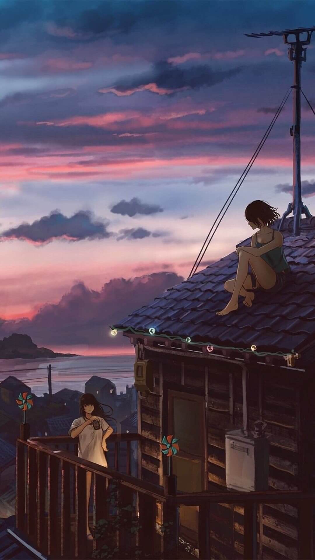 Dreamy rooftop scene with two girls and a vibrant sunset anime wallpaper, 4K
