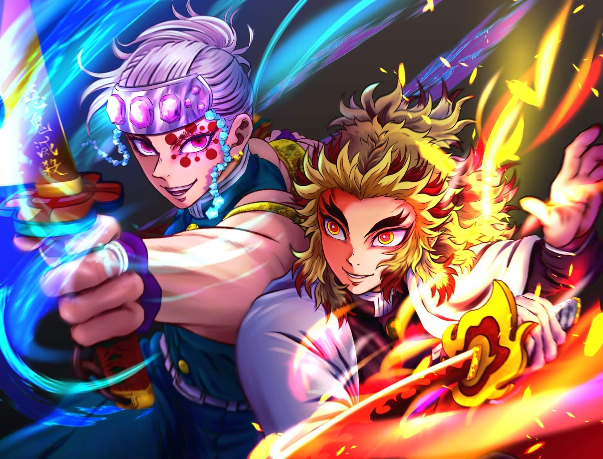 Dual swordsmen with blazing and electrifying energy anime wallpaper, 4K