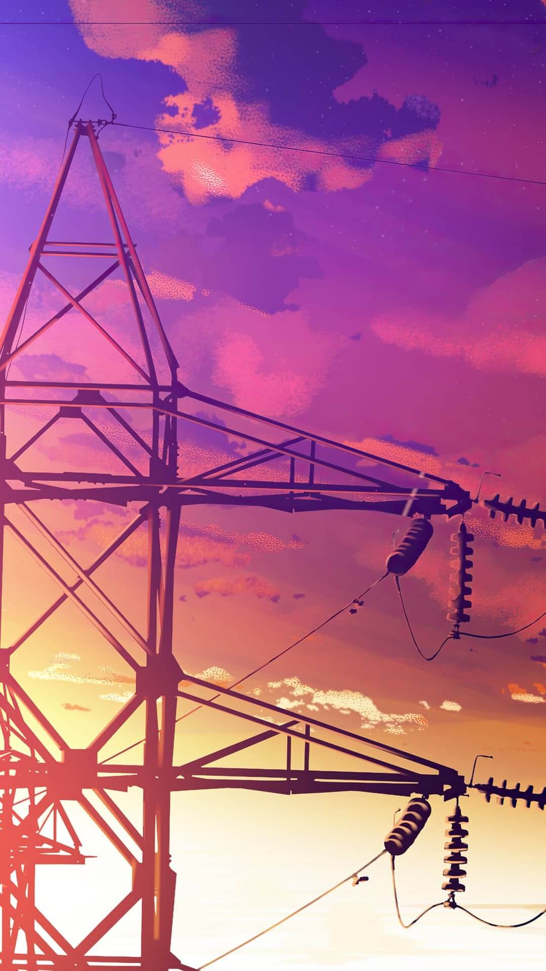 Electric tower against vibrant sunset sky anime wallpaper, 4K