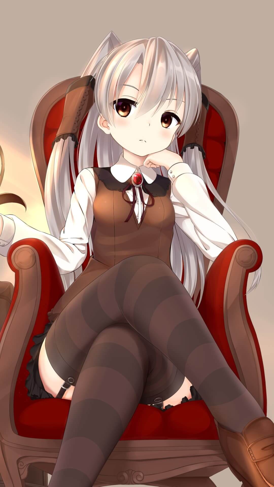 Elegant anime girl in a red chair anime wallpaper, 4K