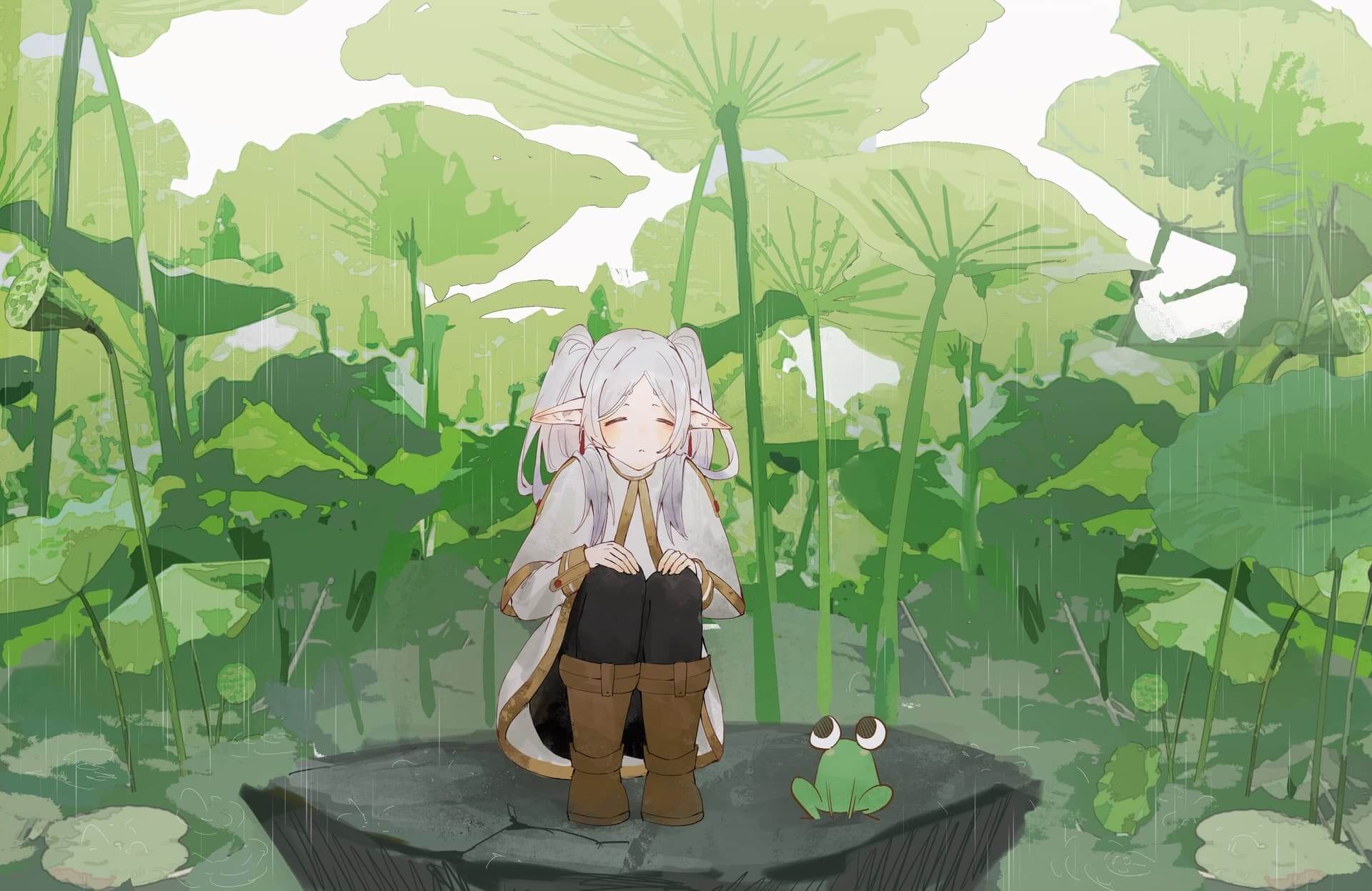 Elf girl sitting sadly in the rain anime wallpaper, 4K