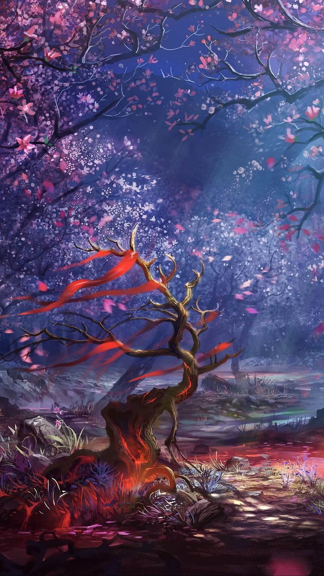Enchanted forest with cherry blossoms, glowing tree, and ribbons flowing in the wind. anime wallpaper, 4K