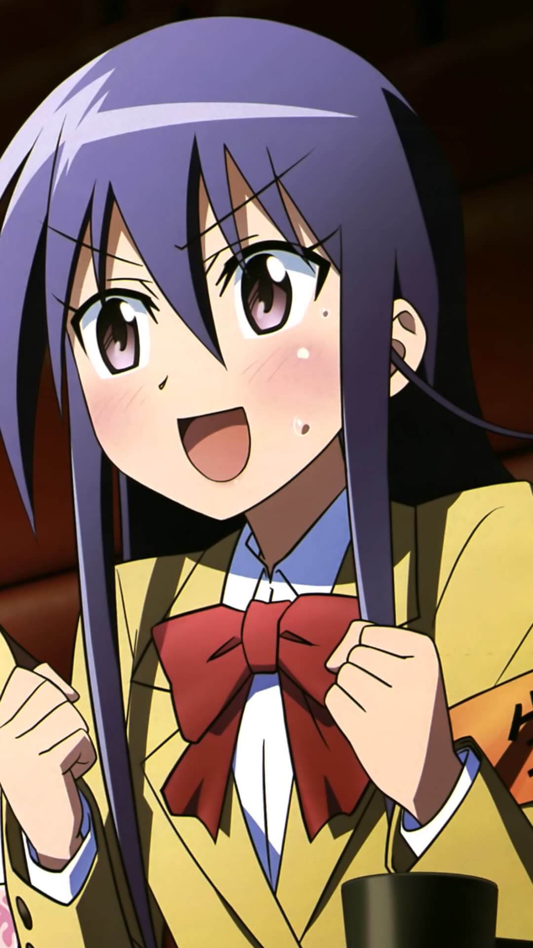 Excited girl with purple hair in school uniform anime wallpaper, 4K