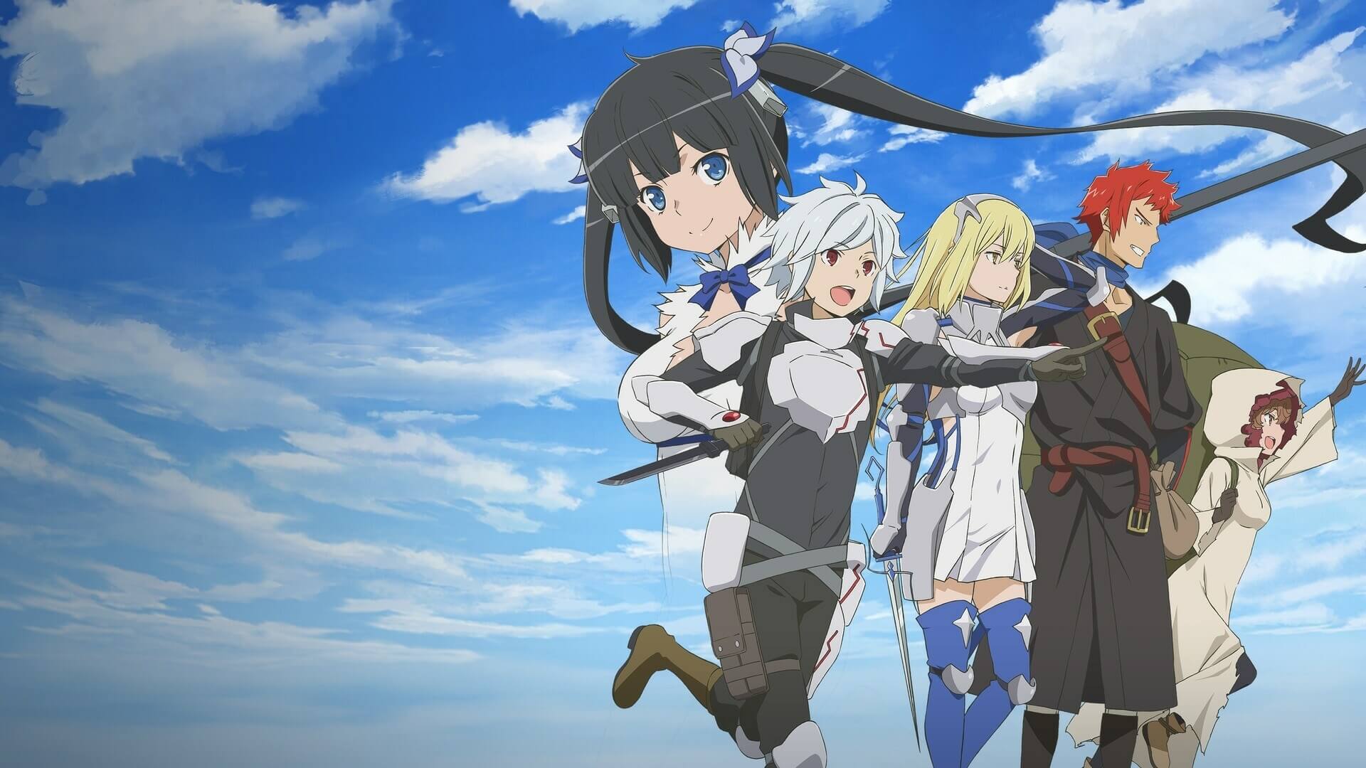 Fantasy adventurers walking against a bright blue sky with clouds anime wallpaper, 4K
