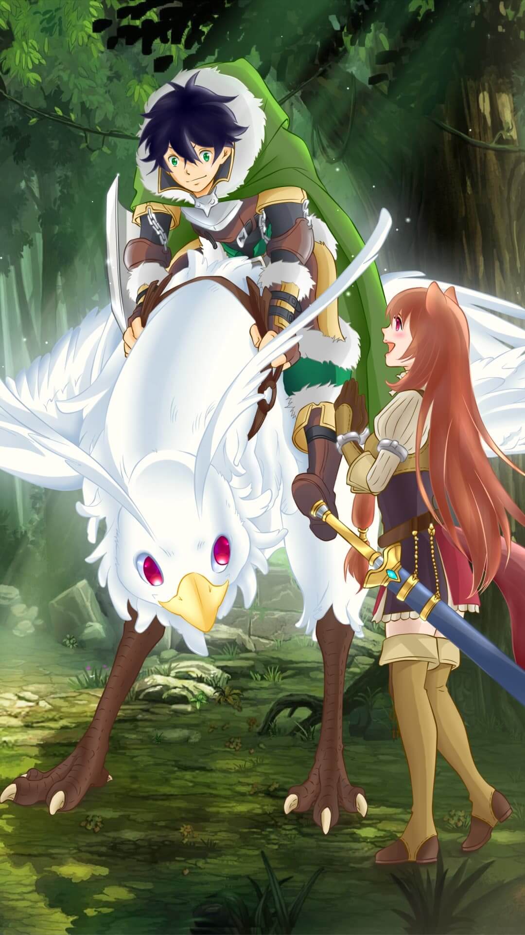 Fantasy characters riding a white bird in a forest anime wallpaper, 4K